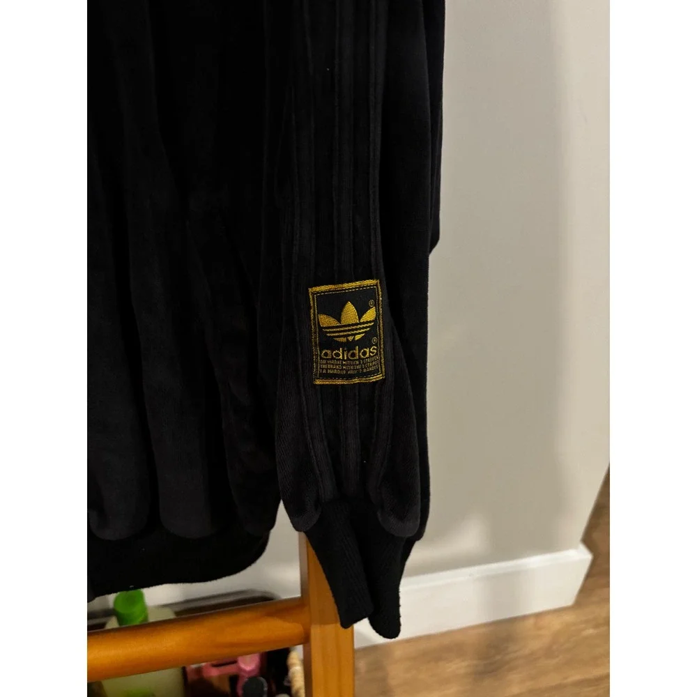 Adidas Originals Mens Black Velour Track Jacket Gold Trefoil Logo XL Full Zip
